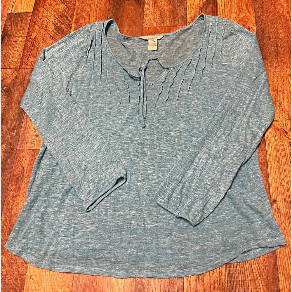 Sundance Women’s Top Size M Knit 100% Linen Pleated V-Neck Tie Long Sleeve